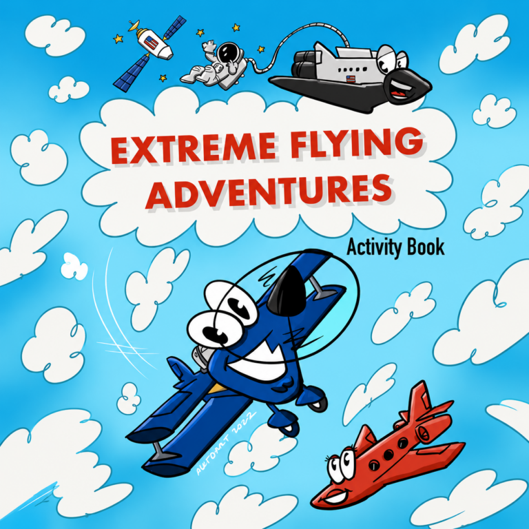 Colorful cartoon planes soar through a blue sky, promoting an engaging aviation STEM program activity book.